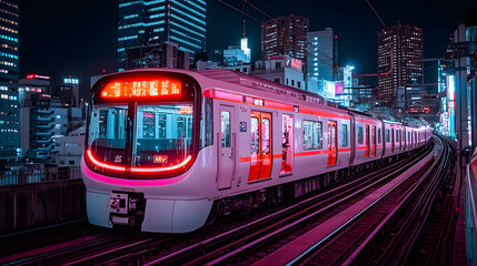 Fototapeta premium Neon-lit train speeding through vibrant city night