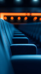 Fototapeta premium A large cinema hall with blue seats, illuminated by bright lights 