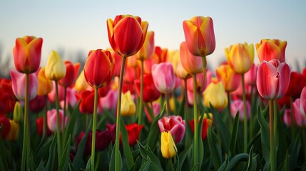 Vibrant tulip field featuring rows of red, yellow, and pink blooms beneath a clear blue sky