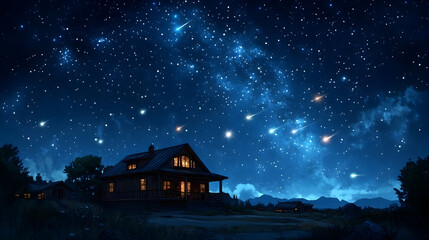 Night sky meteor shower over rustic cabin
