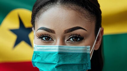 Caucasian female doctor wearing mask in front of Ghana flag promoting healthcare awareness, flag of ghana over caucasian female doctor in face mask - Powered by Adobe