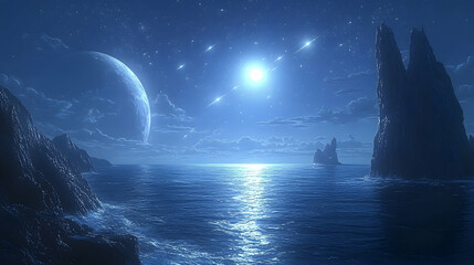 Night sky, shooting stars over alien ocean & rocks