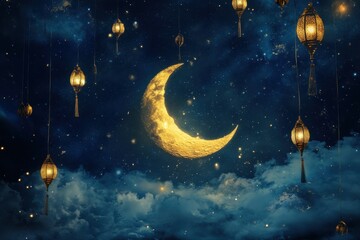 Fototapeta premium Golden Crescent Moon with Lanterns Against Starry Night Sky