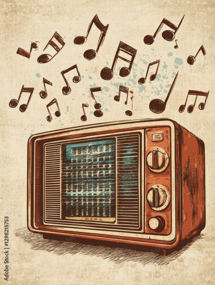 Poster Vintage radio playing music with notes floating above in a creative artistic style. Generative AI