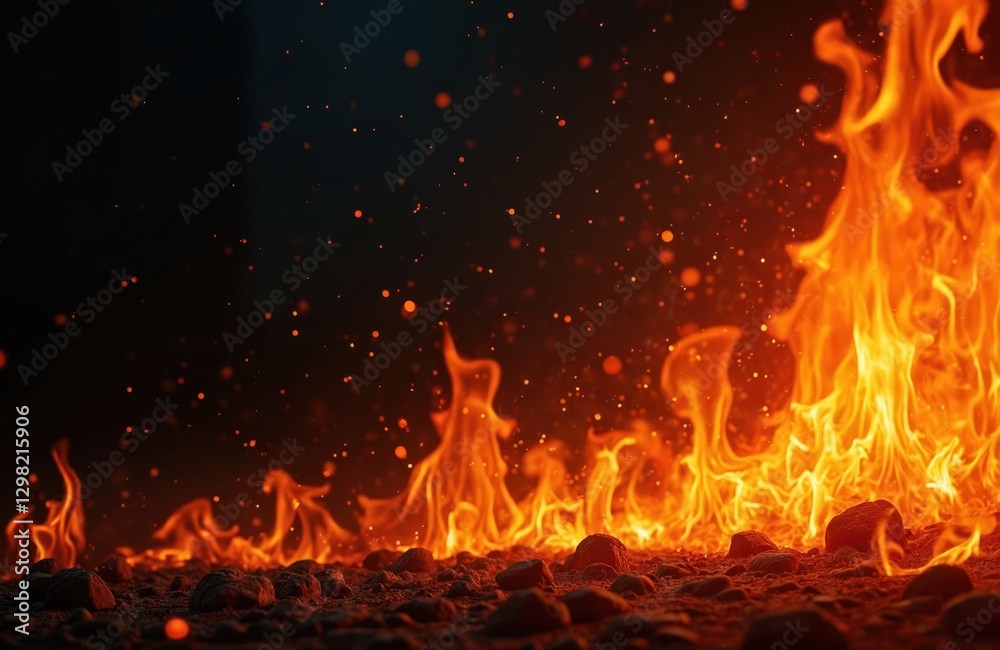 Poster Fire blaze with floating embers on black. Burning flame isolated with abstract texture. Flaming eruption. Fire effect. Abstract background art with copyspace. Orange flame tongues lick ground stones.
