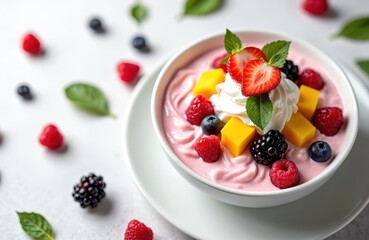 Bowl with pink smoothie, cream, berries. Strawberry, raspberry, blackberry, blueberry, mango garnish, mint leaves. Healthy tasty diet breakfast, organic vegetarian food dessert on white table.