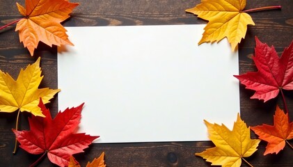 Obraz premium Blank paper sheet surrounded by dried leaves on wooden surface, decor, rustic