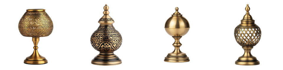 Collection of intricately crafted brass and golden decorative vases lamps and other ornamental objects displayed on a wooden table