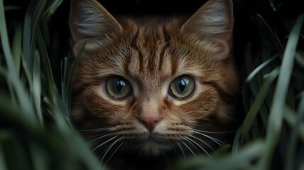 Orange tabby cat hiding in garden grass at night