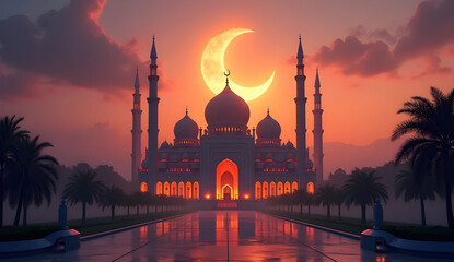 Majestic mosque glowing at sunset under a crescent moon, symbolizing Ramadan, Islam's holy month of fasting and prayer