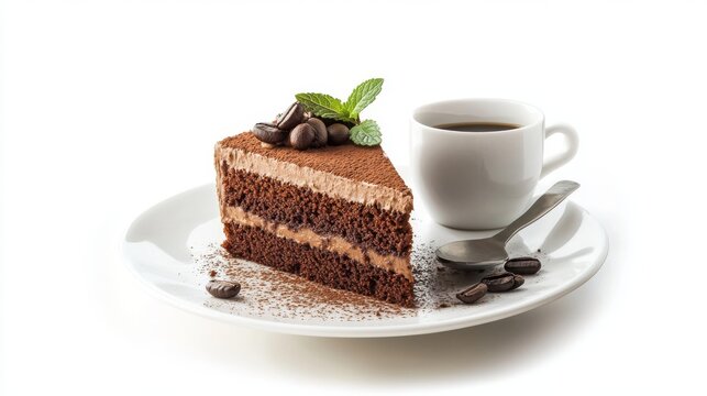 coffee cake with coffee latte on a modern plate on white background 