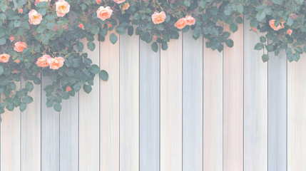 Obraz premium Peach roses climbing pastel wooden fence