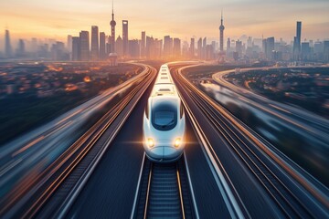 High-speed trains racing towards the vibrant skyline of shanghai at sunset, highlighting the essence of modern transportation and seamless connectivity in an urban landscape