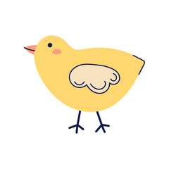 Cute yellow chick walks to the side. Happy Easter hand drawn card. Flat illustration with partial outline. Isolated vector illustration.
