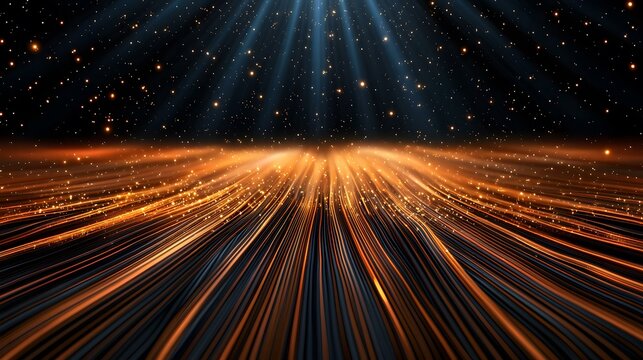 The image shows a dark background with streaks of light radiating outwards from a central point, resembling a starburst or light trails.  Small, golden sparks are scattered throughout the scene, addi