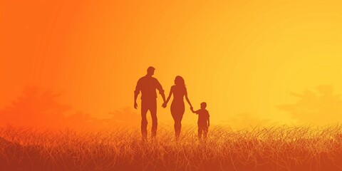 Fototapeta premium A silhouette of a family—father, mother, and child—walking hand in hand against a vibrant orange sunset.