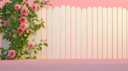 Obraz premium Pink roses climbing white picket fence in pastel studio
