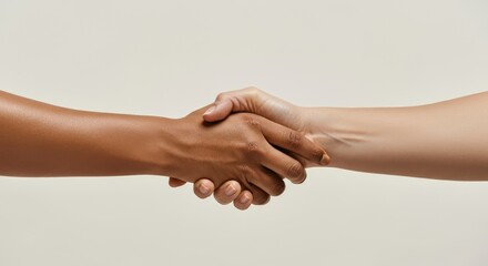 Two people shaking hands on plain background