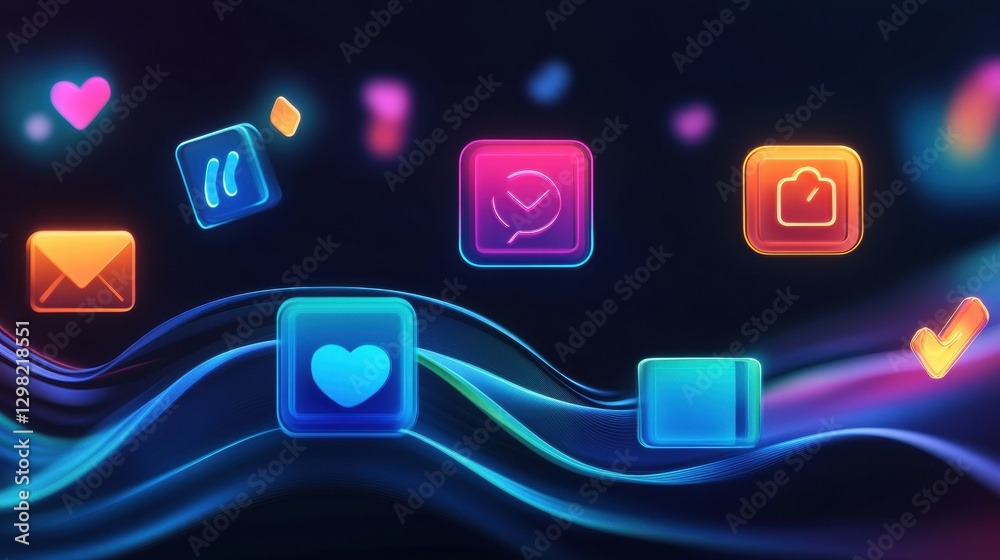 Poster colorful glowing icons represent digital communication and social media interaction in a modern desi