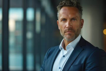 Fototapeta premium A confident middle-aged Caucasian man in a tailored suit poses thoughtfully against a backdrop of soft, modern lighting.
