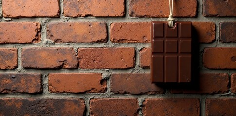 Obraz premium Chocolate bar hanging on brick wall with rustic background, wall, rustic