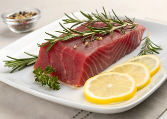 Elegant raw tuna steak garnished with rosemary and lemon slices