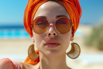 Stylish young woman with a bright orange headscarf and round sunglasses, set against a sunny beach backdrop.
