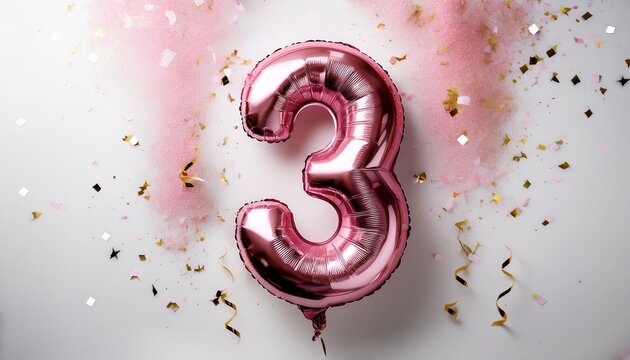 Pink balloon number 3 for third birthday or anniversary party. White background with confetti