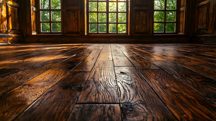 Sunlit wooden floor, large windows, green trees.  Interior design, home decor