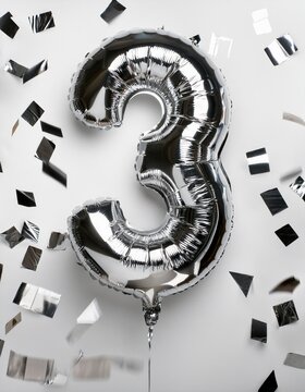 Silver balloon number 3 for third birthday or anniversary party. White background with confetti