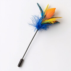 Playful feather teaser toy indoor cat playtime vibrant colors fun environment close-up view pet enrichment