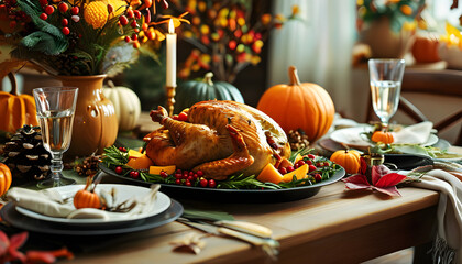 Fototapeta premium Thanksgiving festival celebration cozy home setting festive dinner autumn vibes intimate gathering