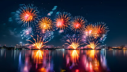 Fototapeta premium Spectacular fireworks festival over city lake nighttime celebration vibrant reflections joyful atmosphere