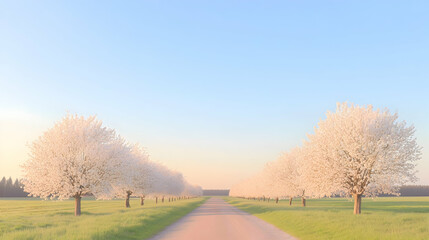 Fototapeta premium Spring blossoms line rural road at sunrise