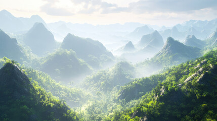 Asian mountain landscape, with lush greenery and rugged peaks under soft
