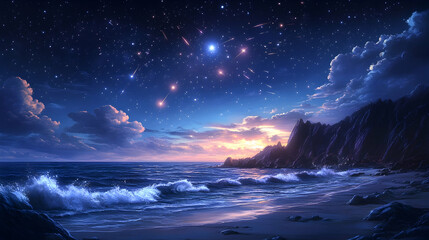 Fototapeta premium Starry Night Seascape Coastal Sunset with Shooting Stars