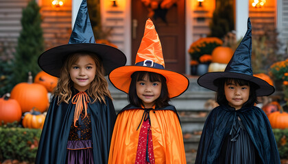 Obraz premium Halloween festival fun enchanting costumes and decorations in a festive neighborhood setting