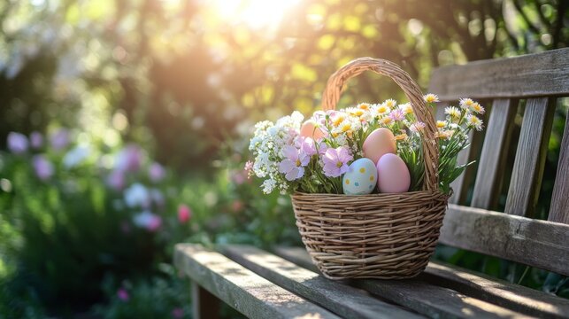 Colorful easter eggs and flowers in a wicker basket on a sunlit garden bench