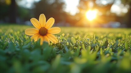 Sunset Bloom Lone flower in park grass