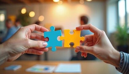 Hands connect blue, yellow jigsaw puzzle pieces on office table. Concept of integration, partnership, cooperation. Businessmen solve common problem, find solution to achieve success, building company