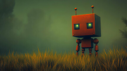 Cube Robot in Foggy Field Illustration