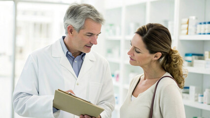 Fototapeta premium pharmacist and patient discussing medication options in pharmacy