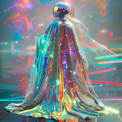 majestic humanoid figure stands proudly on futuristic, digital runway, radiating confidence and otherworldly charm