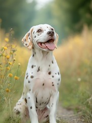 Portrait of Dalmatian puppy, Doberman Pinscher, puppy dog sit and smile cheerful