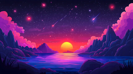 Fototapeta premium Sunset, meteor shower over vibrant mountainscape