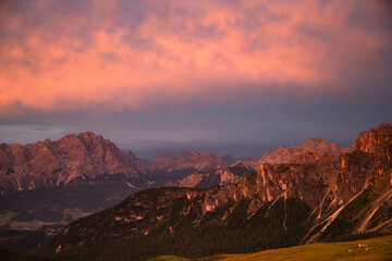 Colorful sunset in the Dolomite mountains at Passo Giau.