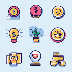 Investment growth ideas, financial planning and successful strategy icons