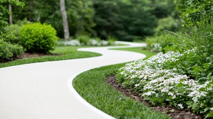 Fototapeta premium Winding path through landscaped garden, serene outdoor space, ideal for walking or recreation