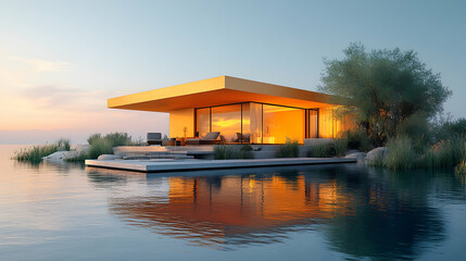 Obraz premium Sunset over minimalist lake house, calm waters