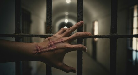 Hand with scars gripping jail cell bars, dimly lit corridor